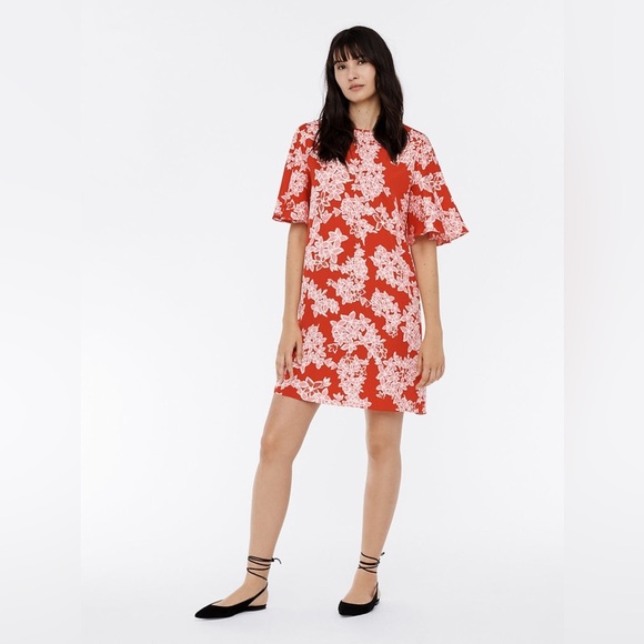 Diane Von Furstenberg Arlene Silk Blend Mini Dress Ruffle Red Floral Womens Sz L - Picture 1 of 11